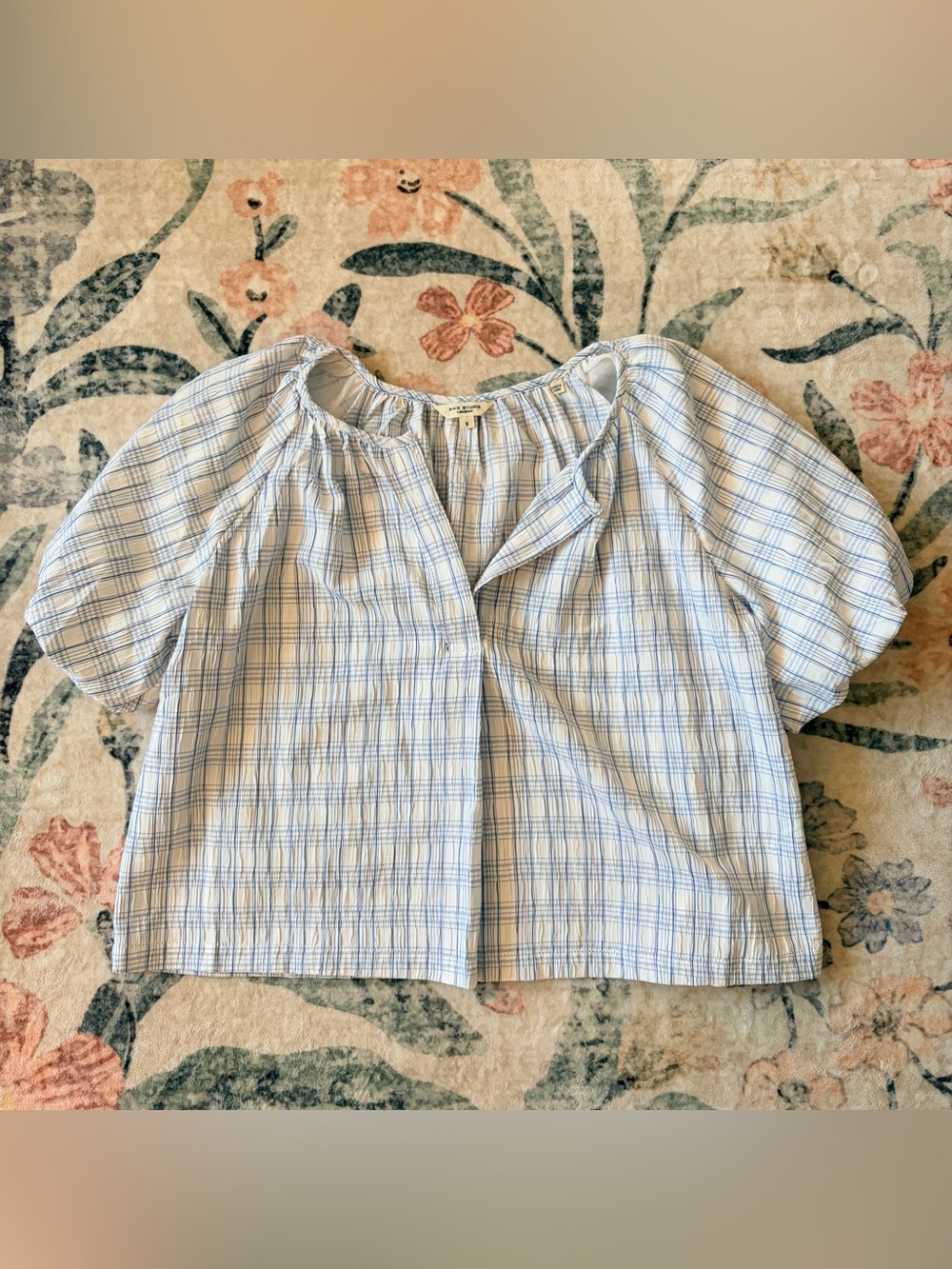 Max Studio Light Blue & White Plaid Puff-Sleeve Peasant Top